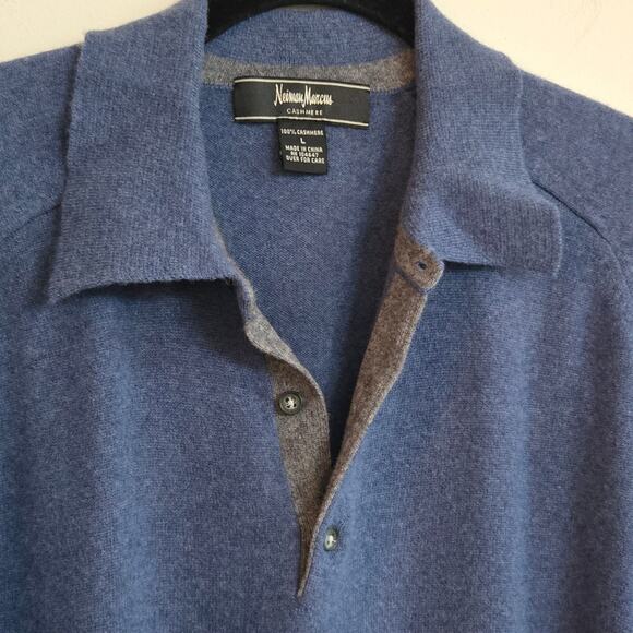 Neiman Marcus Cashmere Sweater Size L Blue Pullover Collared Quarter Button - Picture 3 of 11